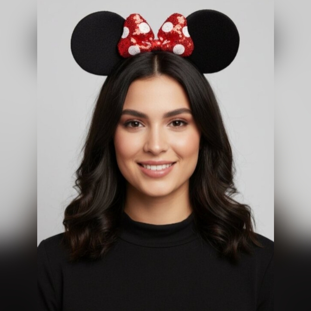 Red Bow Mouse Ears Headband, Sequin Headband, Minnie Mouse Ears, Disneyland, Ear
